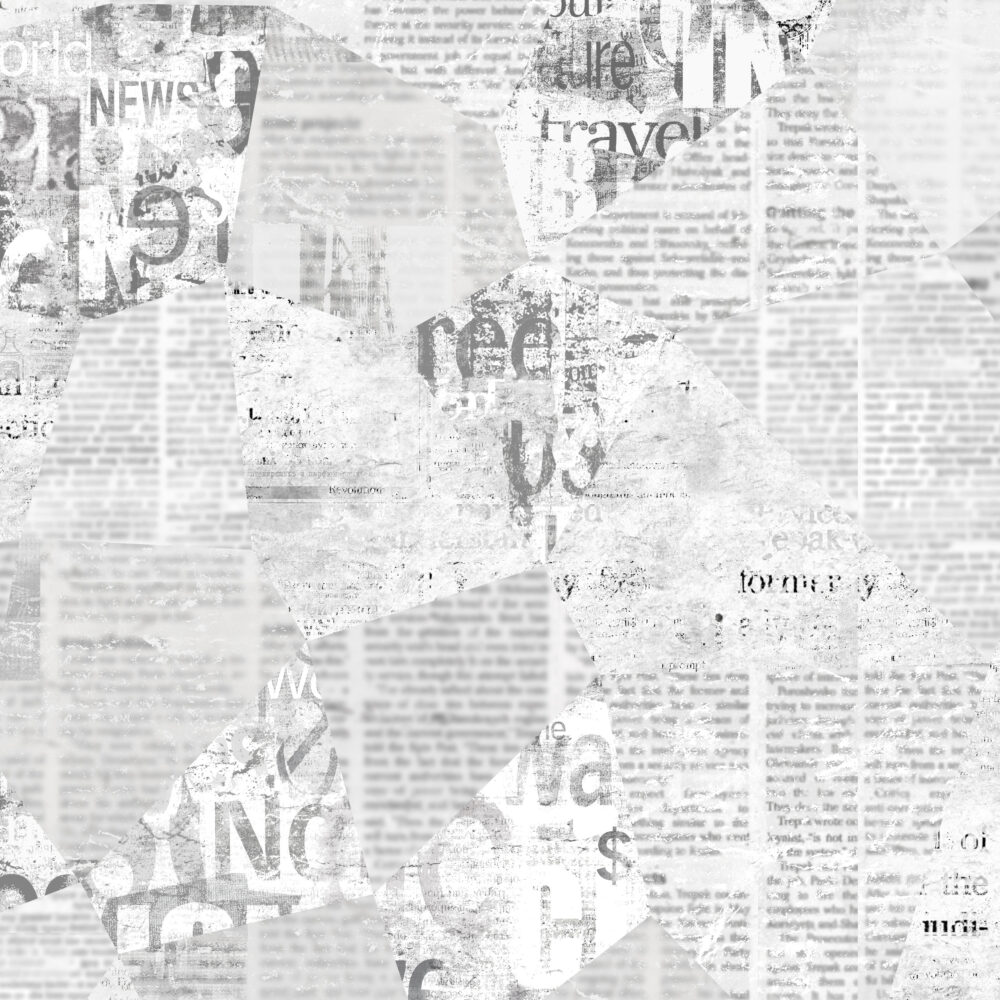 Newspaper paper grunge aged newsprint pattern background. Vintage old newspapers template texture. Unreadable news horizontal page with place for text, images. Grey color art collage.